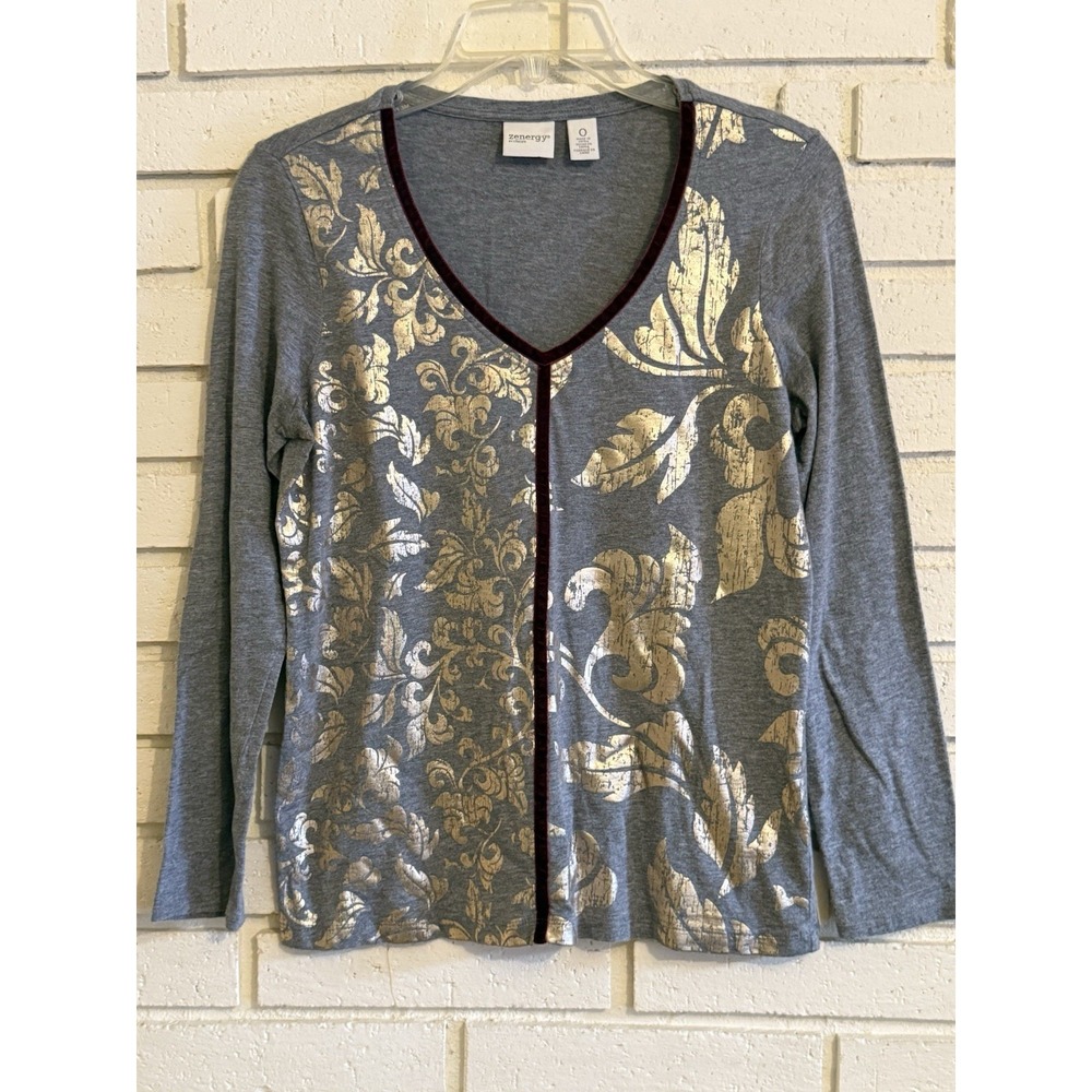 Zenergy by Chico's 0 Women's Top Gray With Gold Leaves, Velvet Stripe Sz Small